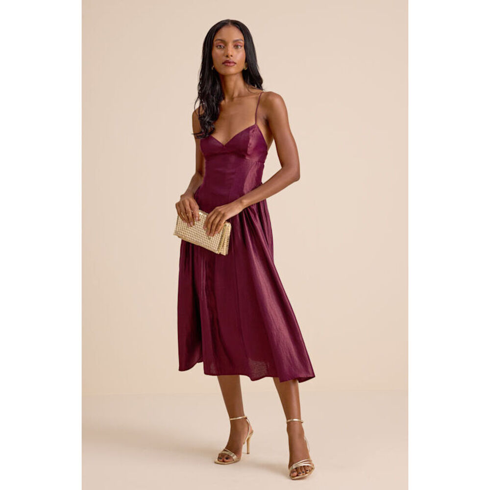 Lulus Paride Shiny Plum Gathered Lace-up Midi Dress Purple - Size S